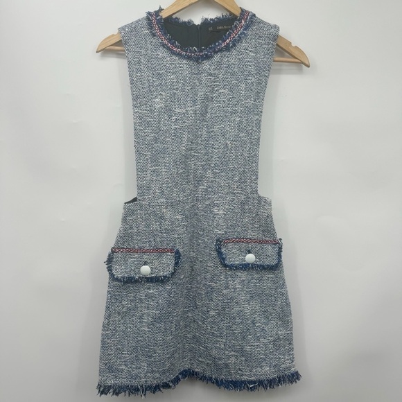 Zara Blue Tweed Pinafore Dress Women’s XS Retro Style Apron Dress Fray Hem - Picture 2 of 13